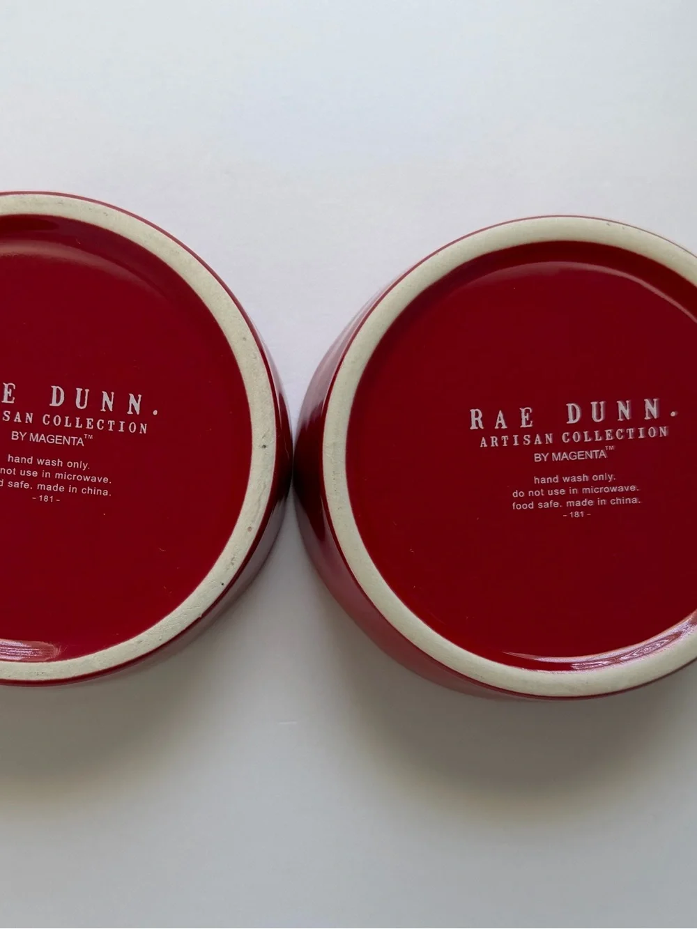 Rae Dunn Red 'Ho Ho' and 'Fa La La' Pet Bowls with Gold Lettering